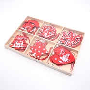 Christmas Theme Wood Pendant Decorations, Red, 70~81x62.5~80x2mm, Hole: 3mm(HJEW-CJC0003-02)