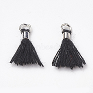Polycotton(Polyester Cotton) Tassel Pendant Decorations, Mini Tassel, with Brass Findings, Platinum, Black, 10~15x3~4mm, Hole: 2mm(FIND-S275-01P)