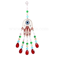 Hamsa Hand/Hand of Miriam with Evil Eye Alloy Lampwork Pendant Decoration, Hanging Suncatcher, with Glass Teardrop Charm and Octagon Link, Colorful, 390mm(HAMS-PW0001-01)