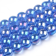 Electroplate Transparent Glass Beads Strands, AB Color Plated, Round, Royal Blue, 9.5~10mm, Hole: 1.5mm, about 40~42pcs/strand, 14.76~15.12 inch(37.5~38.4cm)(GLAA-T032-T10mm-AB04)