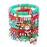 10Pcs 10 Styles Polymer Clay Heishi Beaded Stretch Bracelet Sets for Christmas, with Natural Pearl Beads and Alloy Enamel Pendants, Golden, Mixed Color, Inner Diameter: 2-1/8 inch(5.5cm), 1pc/style(sgBJEW-JB06128)