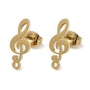 Ion Plating(IP) 304 Stainless Steel Stud Earring Findings, Musical Note, Golden, 15x6mm, Hole: 1.2mm, Pin: 0.7x11mm(STAS-I206-26G)