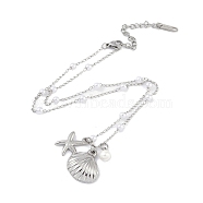 304 Stainless Steel with Shell Pearl Pendant Necklaces, Shell Shape and Starfish, Stainless Steel Color, 16.14 inch(41cm)(NJEW-Z033-02P)