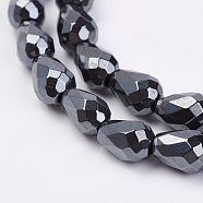 Non-magnetic Synthetic Hematite Beads Strands, teardrop, Faceted, 9x6mm, Hole: 1mm, about 46pcs/strand, 15.9 inch(X-G-P262-15-6x9mm)