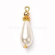 Glass Pearl Pendants, Painted, with Brass Findings, Golden, Teardrop, White, 25x7.5mm, Hole: 1.5mm(PALLOY-JF00902)