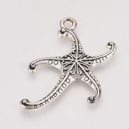 Tibetan Style Alloy Pendants, Starfish/Sea Stars, Cadmium Free & Lead Free, Antique Silver, 45x29x3mm, Hole: 2.5mm, about 335pcs/1000g(TIBE-T011-55AS-LF)