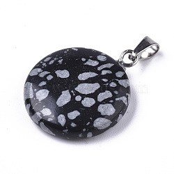Synthetic Snowflake Obsidian Pendants, with Platinum Tone Brass Bails, Flat Round, 22~25x19~21x5~7mm, Hole: 3x6mm(G-R470-002)