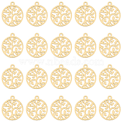 20Pcs 201 Stainless Steel Pendants, Filigree Joiners Findings, Laser Cut, Flat Round with The Tree of Life, Real 18K Gold Plated, 17x14.5x1mm, Hole: 1.5mm(STAS-DC0014-30)