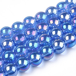 Electroplate Transparent Glass Beads Strands, AB Color Plated, Round, Royal Blue, 9.5~10mm, Hole: 1.5mm, about 40~42pcs/strand, 14.76~15.12 inch(37.5~38.4cm)(GLAA-T032-T10mm-AB04)