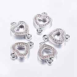 Long-Lasting Plated Brass Micro Pave Cubic Zirconia Links, Clear, Hollow Heart, Real Platinum Plated, 14.5x10.5x2mm, Hole: 1.5mm(ZIRC-F069-23P)