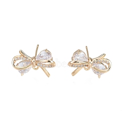 Brass Micro Pave Clear Cubic Zirconia Stud Earring Findings, with Horizontal Loops, Nickel Free, Bowknot, Real 18K Gold Plated, 12.5x17.5mm, Hole: 1.2mm, Pin: 0.8mm(KK-T062-246G)