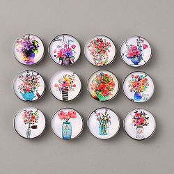 Brass Jewelry Snap Buttons, with Glass Cabochons, Half Round, Flower Pattern, 19x9.5mm, 12pcs/set(BUTT-WH0028-04F)