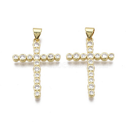 Brass Micro Pave Clear Cubic Zirconia Pendants, Nickel Free, Cross, Real 18K Gold Plated, 30x21x2.5mm, Hole: 3mm(KK-R133-009G-NF)