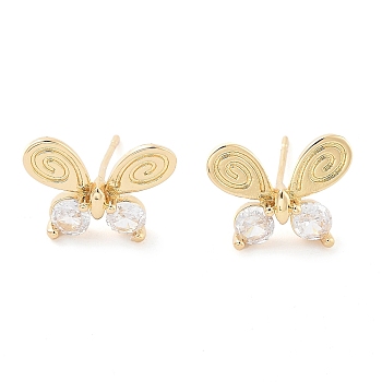 Butterfly Brass Stud Earrings, with Glass, Light Gold, 11x15mm