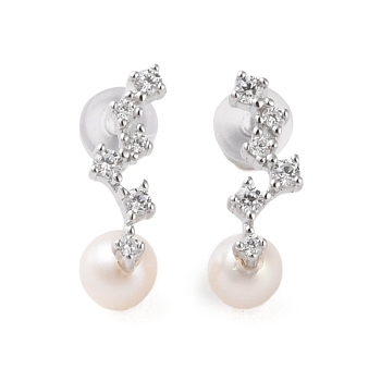 925 Sterling Silver Studs Earring, with Cubic Zirconia and Natural Pearl, Branch, Platinum, 16.5x5mm