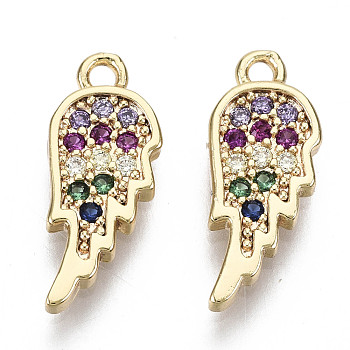 Brass Micro Cubic Zirconia Charms, Nickel Free, Real 18K Gold Plated, Wing, Colorful, 14.5x6x1.5mm, Hole: 1.2mm