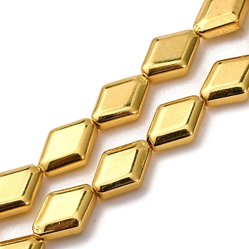 Electroplate Glass Beads Strands, Rhombus, Golden Plated, 15x10.5x5mm, Hole: 1mm, about 27pcs/strand, 15.12''(38.4cm)