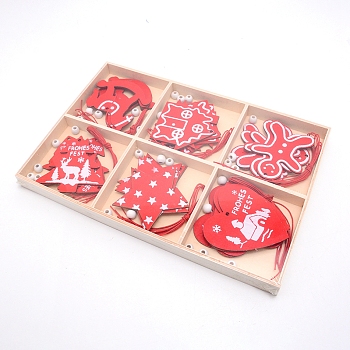 Christmas Theme Wood Pendant Decorations, Red, 70~81x62.5~80x2mm, Hole: 3mm