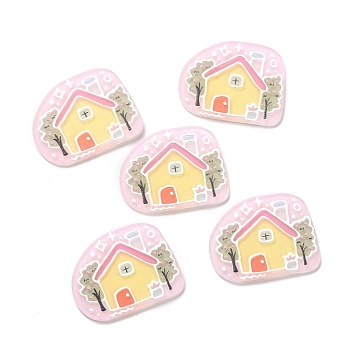 Printed Acrylic Cabochons, Nuggets with House Pattern, Pink, 30x39x2.2mm