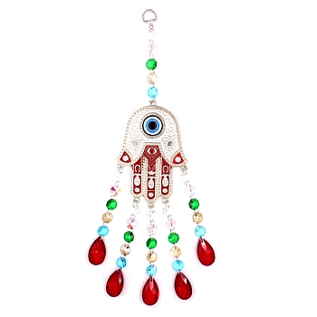 Hamsa Hand/Hand of Miriam with Evil Eye Alloy Lampwork Pendant Decoration, Hanging Suncatcher, with Glass Teardrop Charm and Octagon Link, Colorful, 390mm