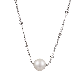 Round Natural Cultured Freshwater Pearl Pendant Necklaces, 304 Stainless Steel Satellite Chain Necklaces for Women, Stainless Steel Color, 17.64 inch(44.8cm)