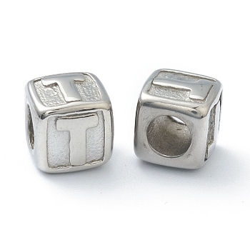 304 Stainless Steel European Beads, Large Hole Beads, Horizontal Hole, Cube with Letter, Stainless Steel Color, Letter.T, 8x8x8mm, Hole: 4mm