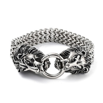 304 Stainless Steel Lion Head Herringbone Chain Bracelets for Men & Women, Antique Silver, 8-5/8 inch(22cm)x1.45cm