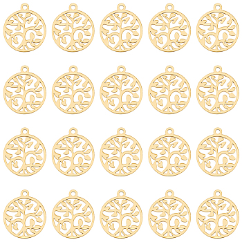 20Pcs 201 Stainless Steel Pendants, Filigree Joiners Findings, Laser Cut, Flat Round with The Tree of Life, Real 18K Gold Plated, 17x14.5x1mm, Hole: 1.5mm