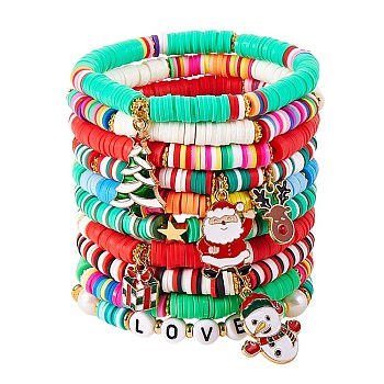 10Pcs 10 Styles Polymer Clay Heishi Beaded Stretch Bracelet Sets for Christmas, with Natural Pearl Beads and Alloy Enamel Pendants, Golden, Mixed Color, Inner Diameter: 2-1/8 inch(5.5cm), 1pc/style