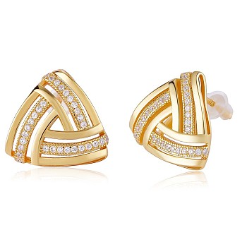 925 Sterling Silver Triangle Stud Earrings, Clear Cubic Zirconia Dainty Jewelry Gift for Women, Golden, 14mm, Pin: 1mm
