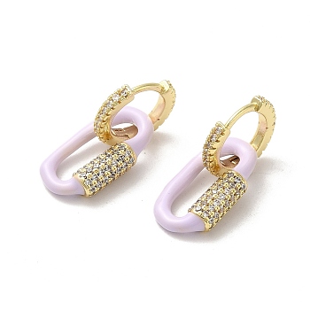 Oval Real 18K Gold Plated Brass Dangle Hoop Earrings, with Cubic Zirconia and Enamel, Lilac, 23x9.5mm