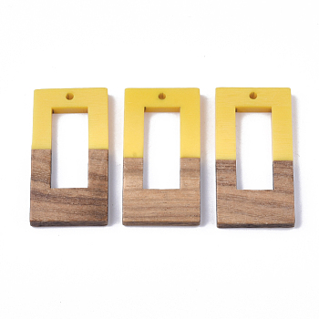 Resin & Walnut Wood Pendants, Rectangle, Yellow, 38x19.5x4mm, Hole: 2mm