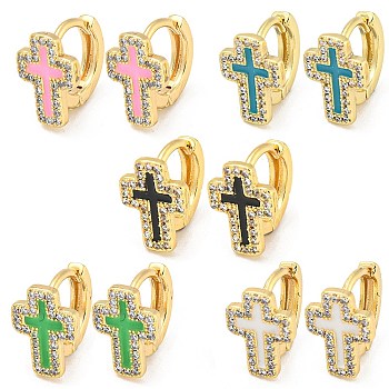 Cross Real 18K Gold Plated Brass Hoop Earrings, with Enamel and Clear Cubic Zirconia, Mixed Color, 11.5x8.5mm