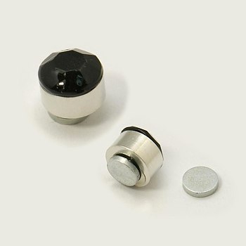 Stainless Steel Magnetic Ear Studs with Rhinestone, Flat Round, Jet, about 6mm in diameter, 6mm thick, 12pairs/board