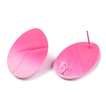 Spray Painted Iron Stud Earring Findings, with Vertical Loops, Twist Oval, Hot Pink, 28x20mm, Hole: 3.5mm, Pin: 0.7mm