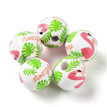 Summer Theme Printed Wood European Beads, Large Hole Flamingo Print Round Beads, Light Coral, 16mm, Hole: 4mm