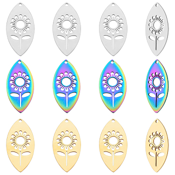DICOSMETIC 12Pcs 3 Colors Ion Plating(IP) 201 Stainless Steel Pendants, Laser Cut, Horse Eye with Flower, Mixed Color, 30.5x15.5x1mm, Hole: 1.6mm, 4pcs/color
