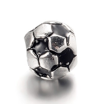 Large Hole Football Alloy Enamel European Beads, Antique Silver, Black, 9x8mm, Hole: 5mm