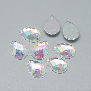 Sew on Rhinestone, Transparent Acrylic Rhinestone, Two Holes, Garment Accessories, AB Color Plated, Faceted, teardrop, Clear AB, 25x18x5~5.5mm, Hole: 0.8~1mm