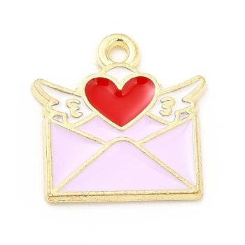 Alloy Enamel Pendants, Light Gold, Envelope with Heart & Wing Charm, Pearl Pink, 15x15x1mm, Hole: 1.4mm