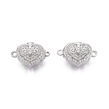 Brass Micro Pave Clear Cubic Zirconia Box Clasps, Heart, 1-Strand, 2-Hole, Platinum, 17~17.5x11~11.5x7.5mm, Hole: 1.2~1.4mm