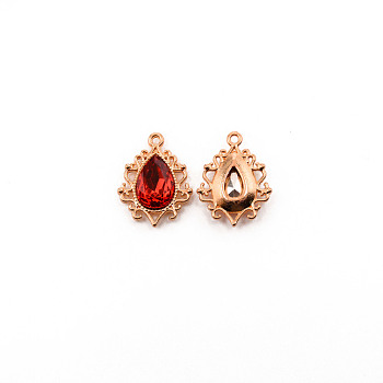 Alloy Pendants, with Rhinestone, Cadmium Free & Lead Free, Light Gold, Teardrop, Red, 25x19x5mm, Hole: 1.6mm