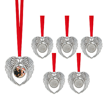 6Pcs Alloy Pendant Cabochon Settings, with Grosgrain Ribbon and Aluminum Cabochon, Wing, Antique Silver, Tray: 25mm, 265mm