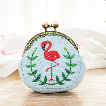 DIY Kiss Lock Coin Purse Embroidery Kit, Including Embroidered Fabric, Embroidery Needles & Thread, Metal Purse Handle, Flamingo Pattern, 100x35x85mm