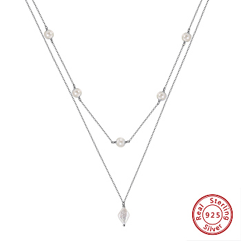 925 Sterling Silver Double Layer Necklaces, Natural Freshwater Pearl Necklaces, Real Platinum Plated, 16.34 inch(41.5cm)