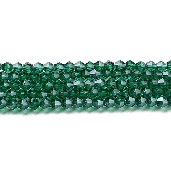 Transparent Electroplate Glass Beads Strands, Pearl Luster Plated, Faceted, Bicone, Teal, 2.9~3.3x2.5mm, Hole: 0.7mm, about 145~150pcs/strand, 16.34~16.54 inch(41.5~42cm)