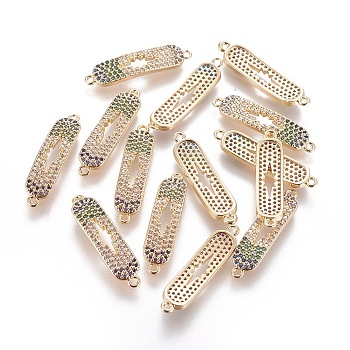 Brass Micro Pave Cubic Zirconia Links, Real 18K Gold Plated, Oval, Nickel Free, Colorful, 25.5x6x2mm, Hole: 1.2mm