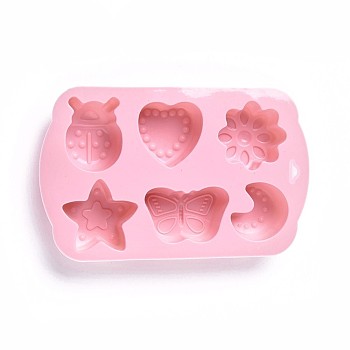 Food Grade Silicone Molds, Fondant Molds, For DIY Cake Decoration, Chocolate, Candy Mold, Heart & Star & Moon & Flower & Butterfly & Insects, Pink, 170x107x23mm, Inner Diameter: 28~43x34.5~53.8mm