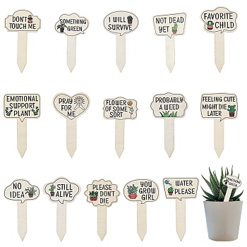 1 Set Wood Plant Labels, Funny Words Stakes, for Seed Potted Herbs Flowers Vegetables, Floral White, 115~118x67~68x2.5~2.7mm, 15pcs/set