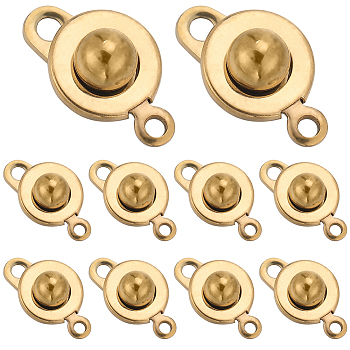 16Pcs 201 Stainless Steel Snap Clasps, Flat Round, Real 24K Gold Plated, 15x9x5mm, Hole: 1.5mm and 2mm